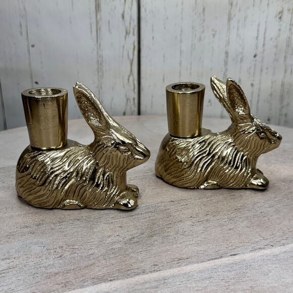 Cupcakes and Cashmere Gold Rabbit Bunny Taper Candle Holder Spring Easter Viral - Picture 1 of 16